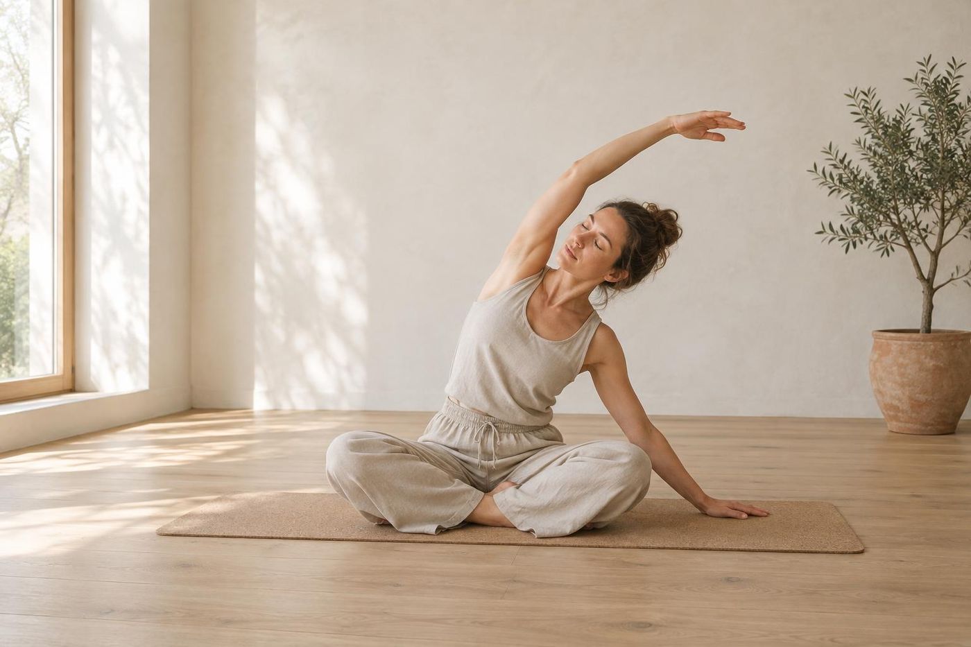 Étirement latéral en posture assise sur un tapis de yoga, dans une salle baignée de lumière naturelle