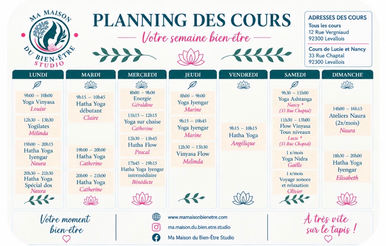 Planning des cours : Pascal le mercredi de 12 h 30 à 13 h 45 ; Catherine le mardi à 19 h et à 20 h ; cours de Lucie et Nancy au 33 rue Chaptal